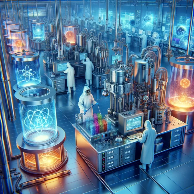 DALL·E 2024 03 29 00.38.43 A futuristic laboratory with advanced equipment showing the process of creating Gas at Nano Solid State GaNS materials. The scene includes scientist